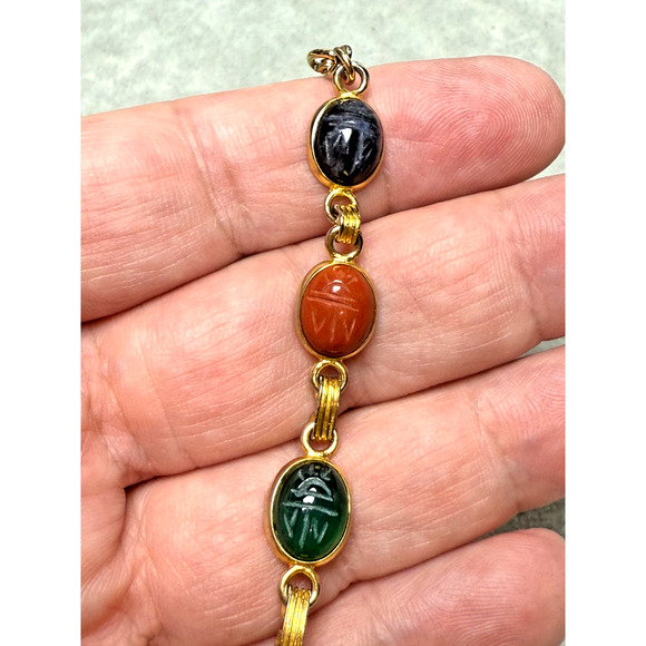 Vintage 7" Egyptian Revival Scarab Beetle Bracelet Semi Precious 14K Gold Filled - Picture 3 of 6